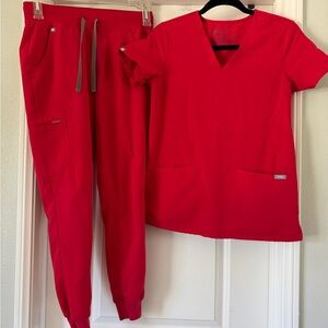 Figs Red V-Neck Scrub Top and Jogger Pants Set